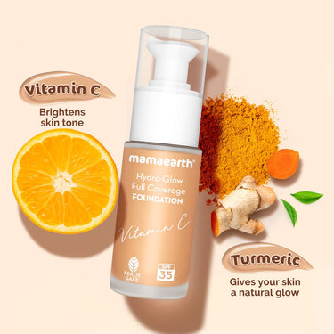 Mamaearth Hydra-Glow Full Coverage Dewy Finish Liquid Foundation With Vitamin C & Turmeric- 30 Ml|Full Coverage|Gives 3X Instant Glow|12-Hour Long Stay & Hydration|Spf 35|Non-Drying (02 Crème Glow)